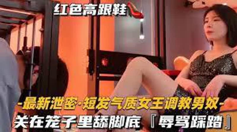 【短发气质女王调教男奴】关在笼子里舔脚底，辱骂踩踏，这御姐女王的气场绝了！